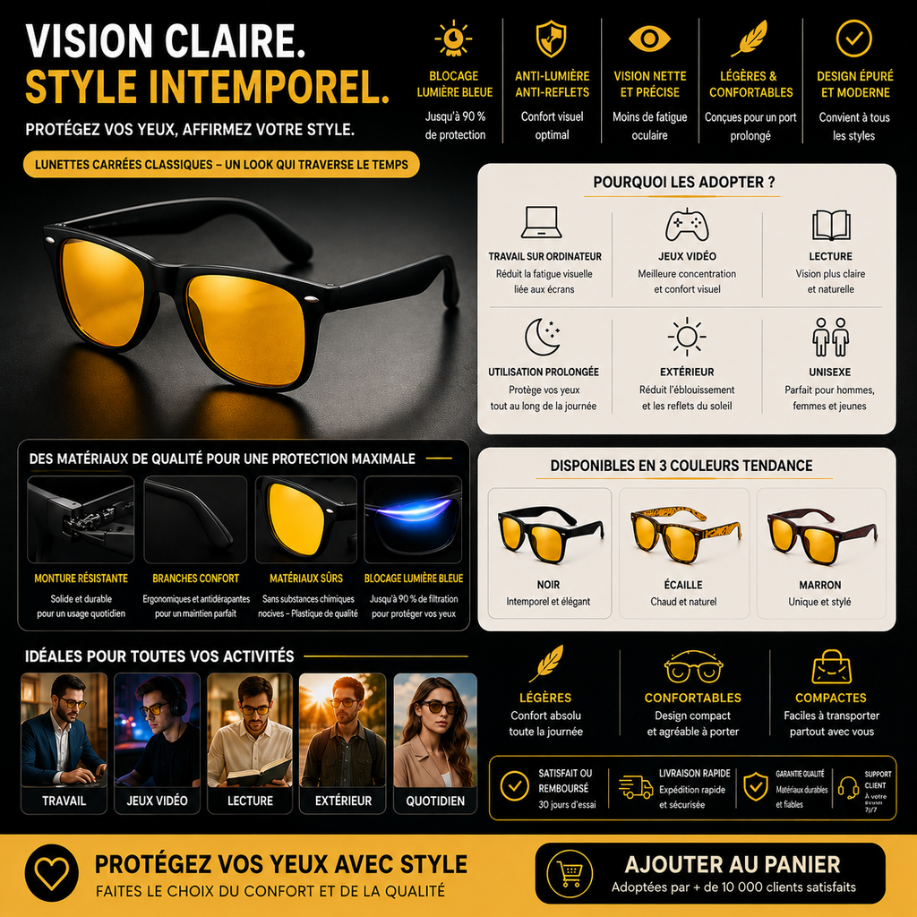 Lunettes de jeu carrées classiques bloquant la lumière bleue pour hommes et femmes
